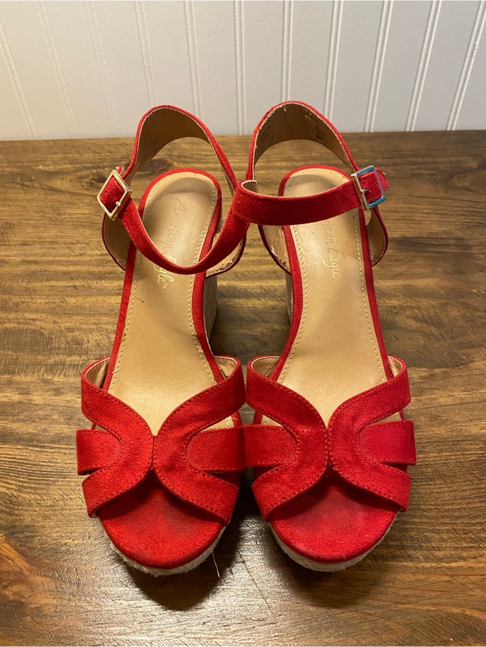 American Eagle - Red Suede Ankle-Strap Wedge Shoes - women’s size: 8